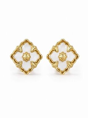 Gold and White Floral Motif Stud Earrings in Stainless steel